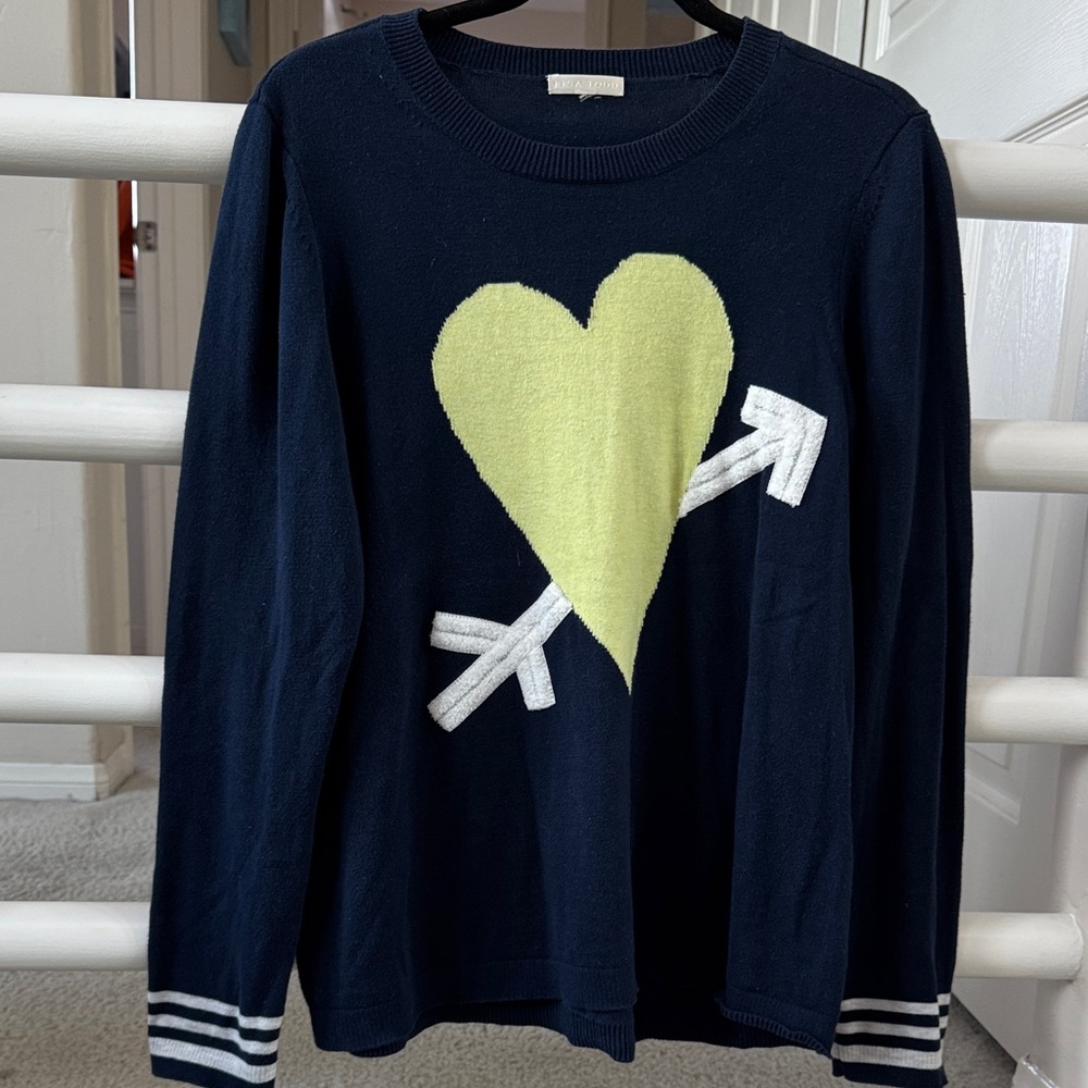 Lisa Todd Navy Sweater with Yellow Heart Design
